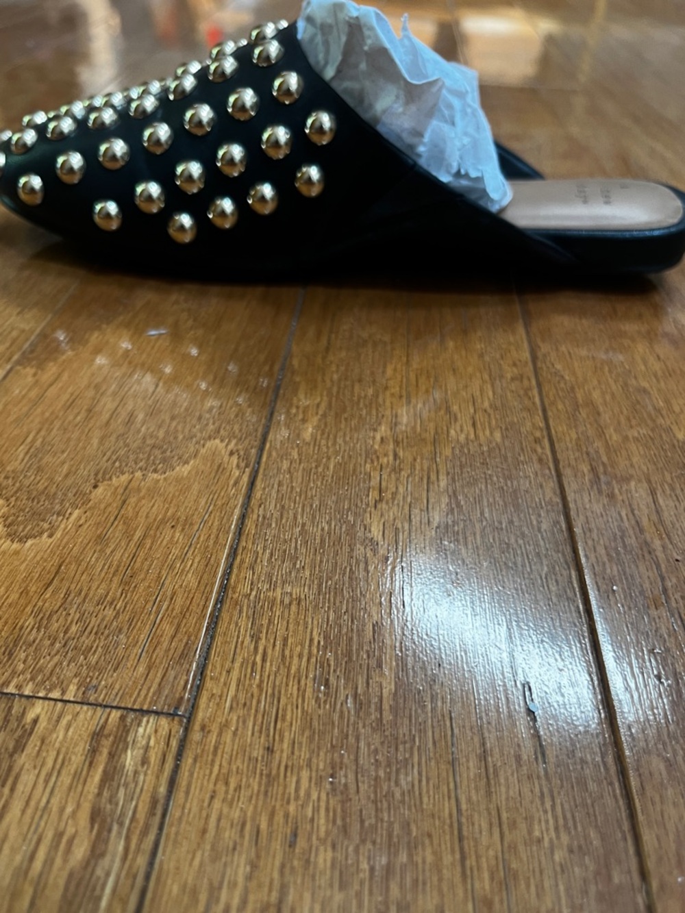 Studded Black Slip-On Mules with Gold Accents - Picture 8 of 13